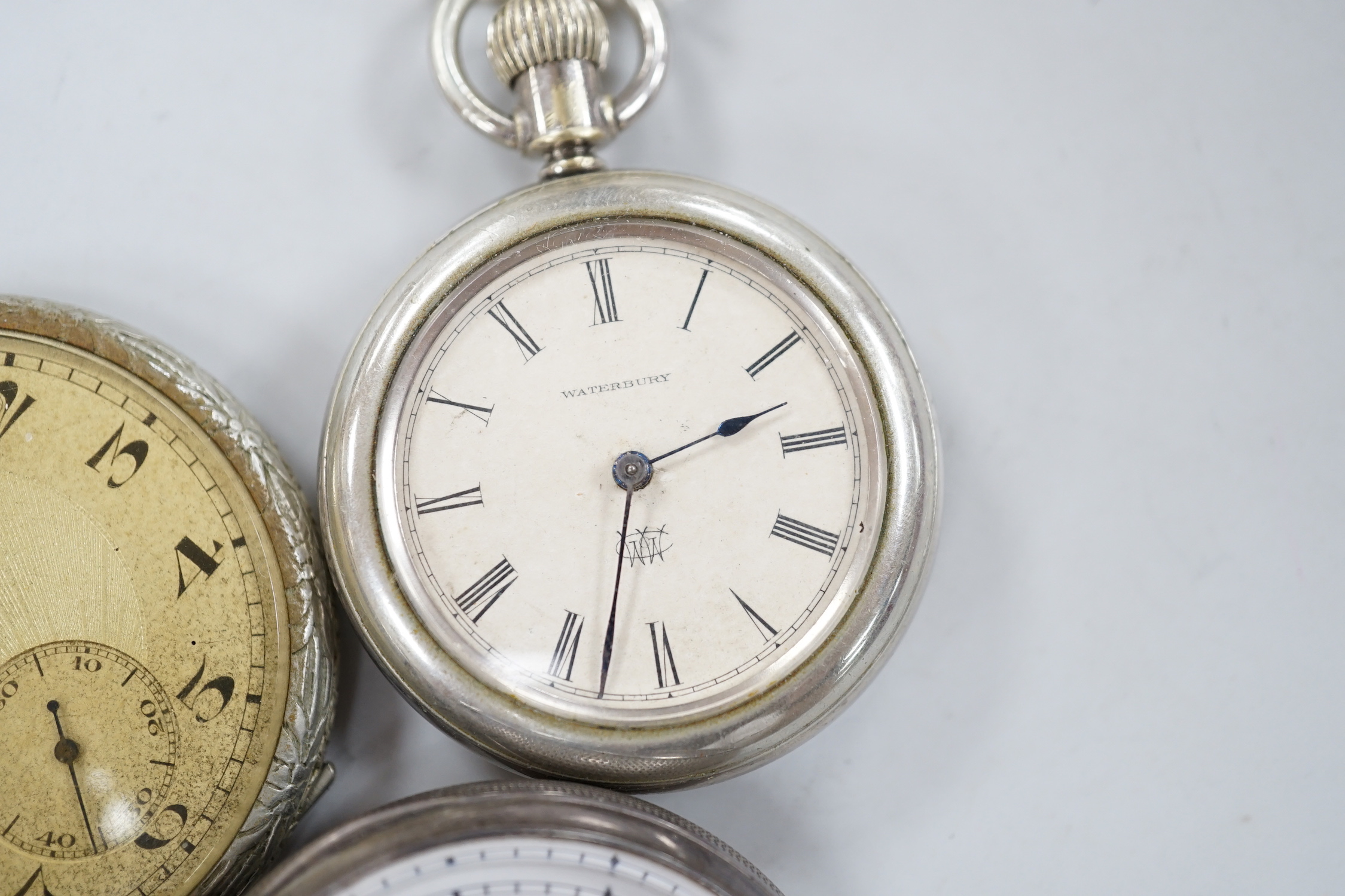 Ten assorted base metal pocket watches including two Goliath one by Bishop of Bournemouth.